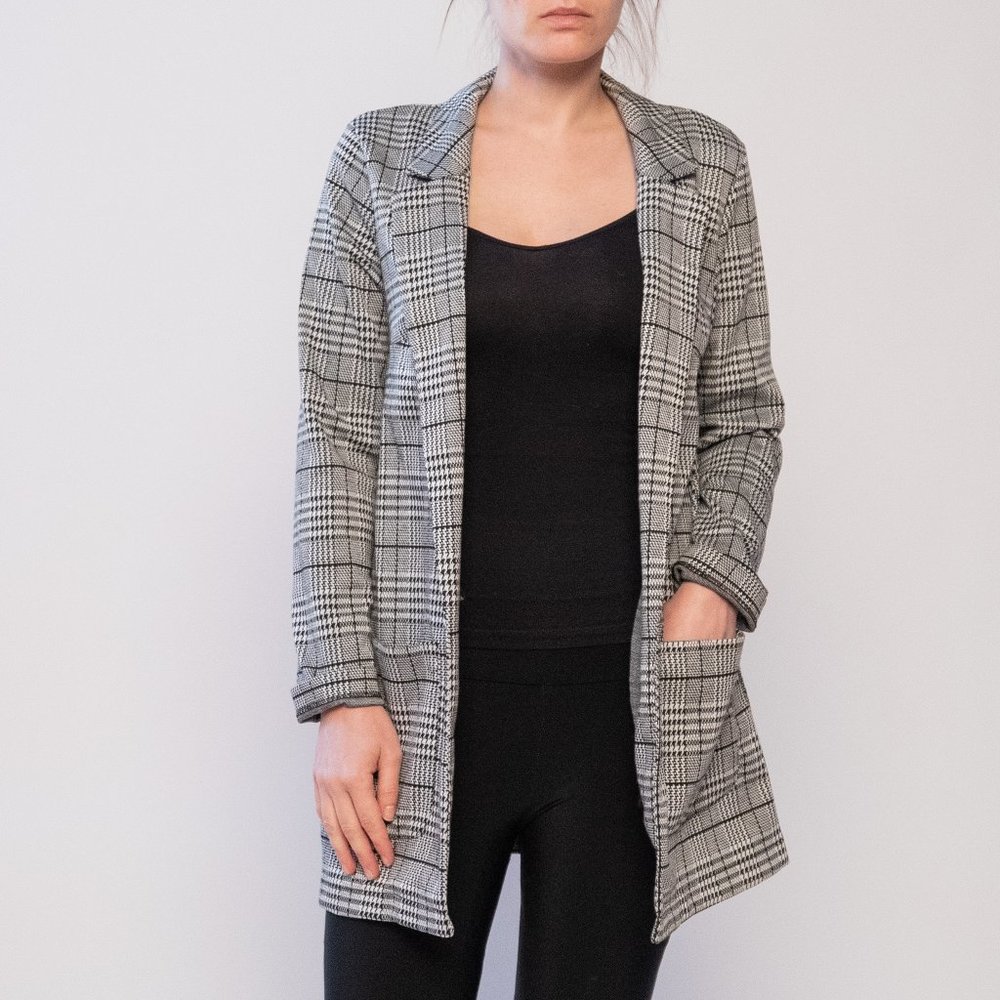 Grey Houndstooth Pattern Cardigan Blazer